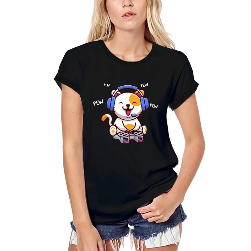 Ultrabasic Women's Organic Gaming T-Shirt Pew Pew Cat Gamer - Funny Humor Joke Tee Shirt 1