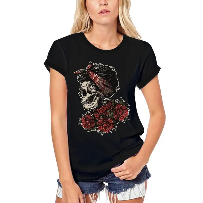 Ultrabasic Women's Organic T-Shirt - Lady Skull Roses - Graphic Scary Tee Shirt 2