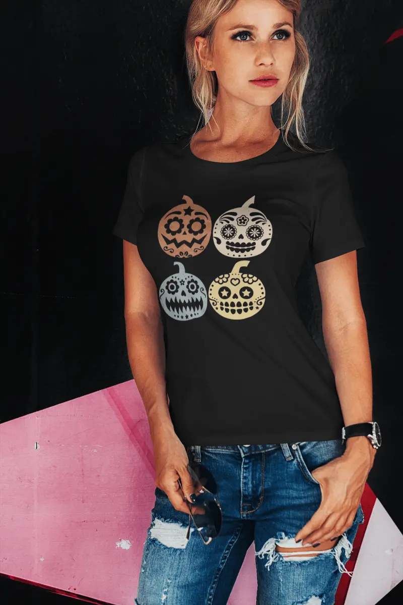 Ultrabasic Women's Organic T-Shirt - Pumpkin Skulls - Halloween Shirt For Women 2