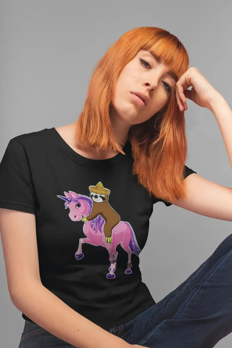 Ultrabasic Women's Organic T-Shirt Sloth Rides Unicorn - Funny Tequila Tee Shirt 1