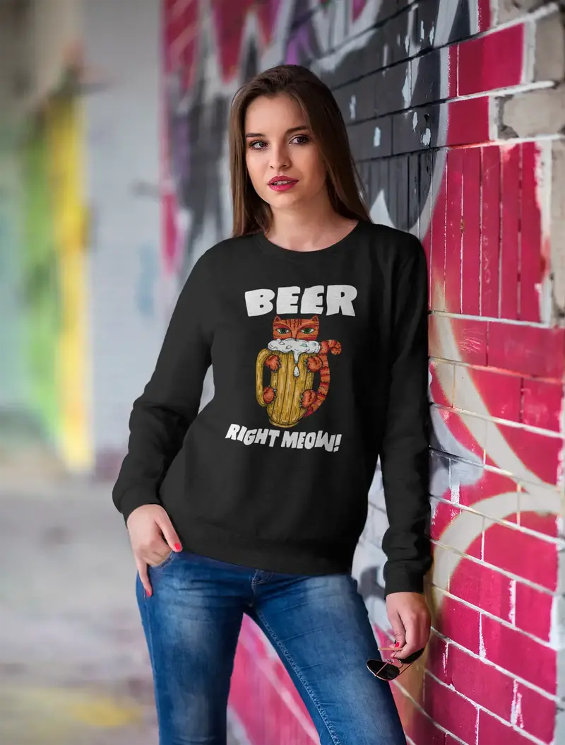 Ultrabasic Women's Sweatshirt Beer Right Meow - Kitten Funny Cat Sweater 1