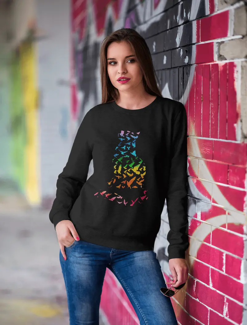 Ultrabasic Women's Sweatshirt Cat And Bird Colorful - Kitten Funny Sweater For Ladies 1