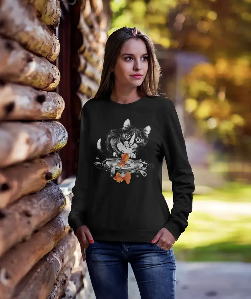 Ultrabasic Women's Sweatshirt Cat And Fish - Kitten Funny Sweater For Ladies 1