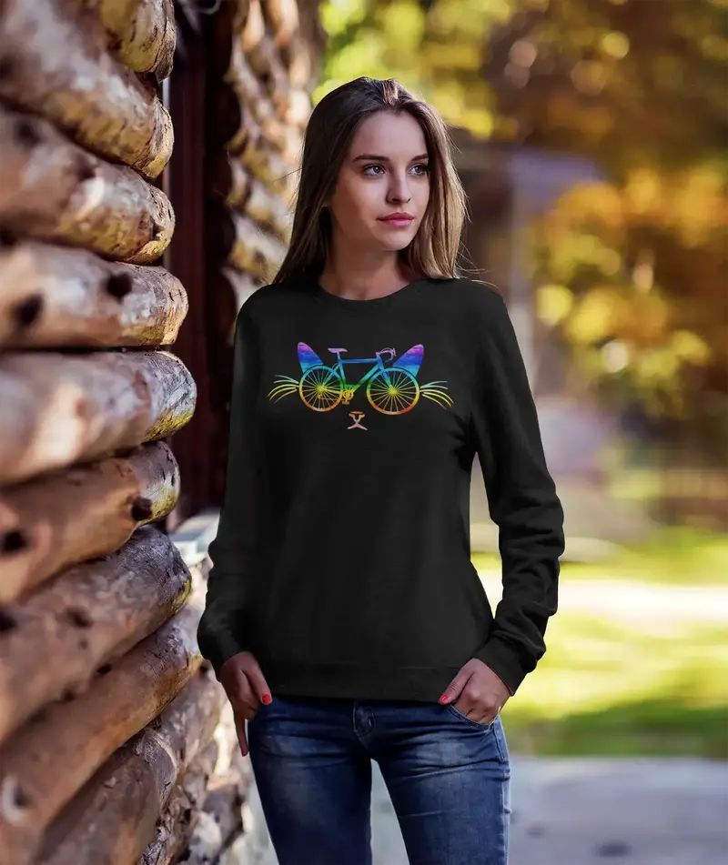 Ultrabasic Women's Sweatshirt Cat Bicycle Rainbow - Kitten Novelty Sweater 1