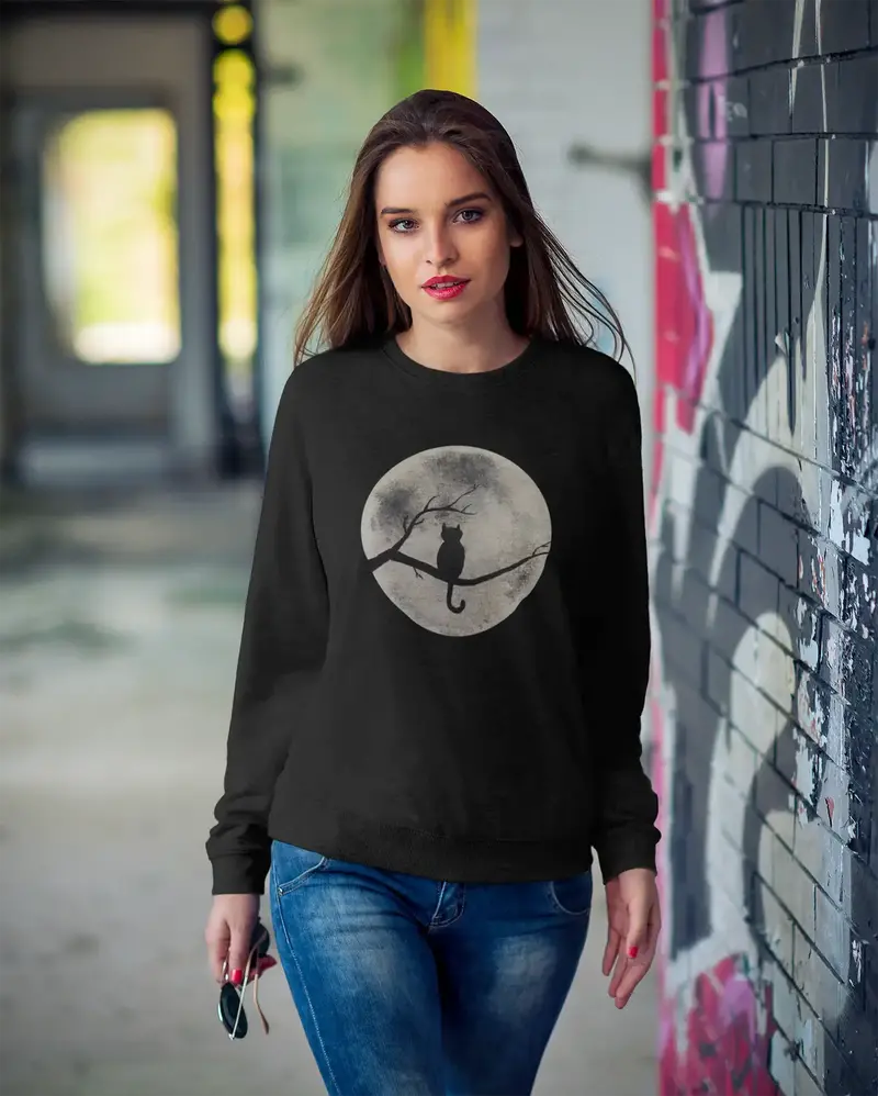 Ultrabasic Women's Sweatshirt Funny Cat Moon - Cute Kitty Sweater For Ladies 1