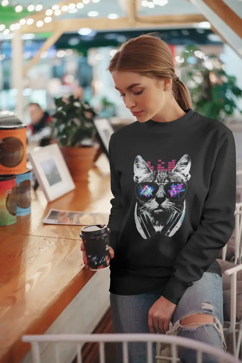 Ultrabasic Women's Sweatshirt Music Cat Dj - Kitten Funny Sweater For Ladies 1