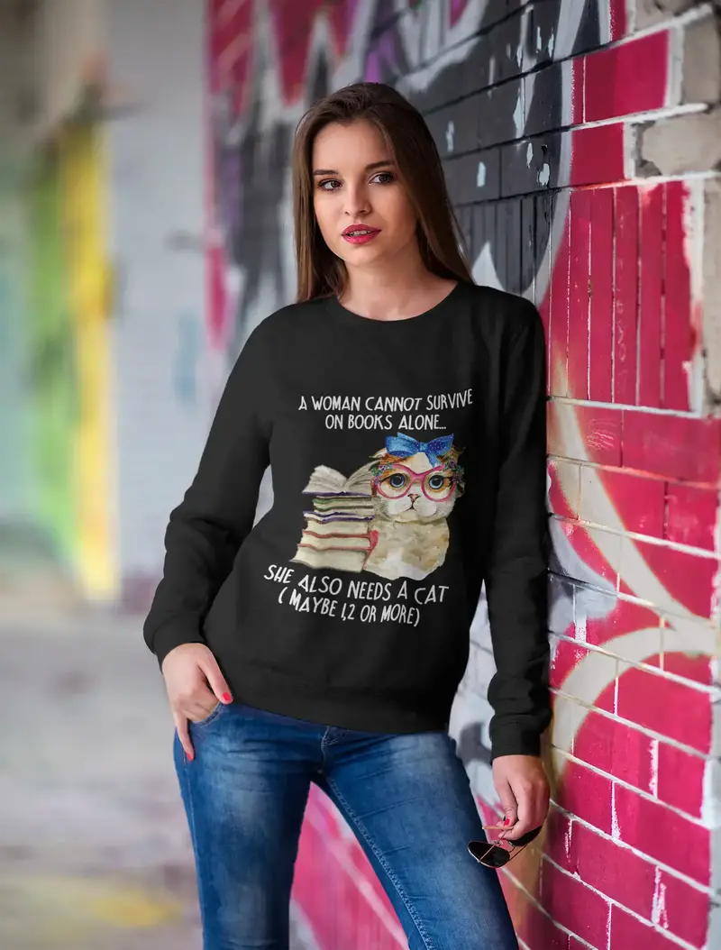Ultrabasic Women's Sweatshirt She Also Needs Cat - Cute Cat With Books 1