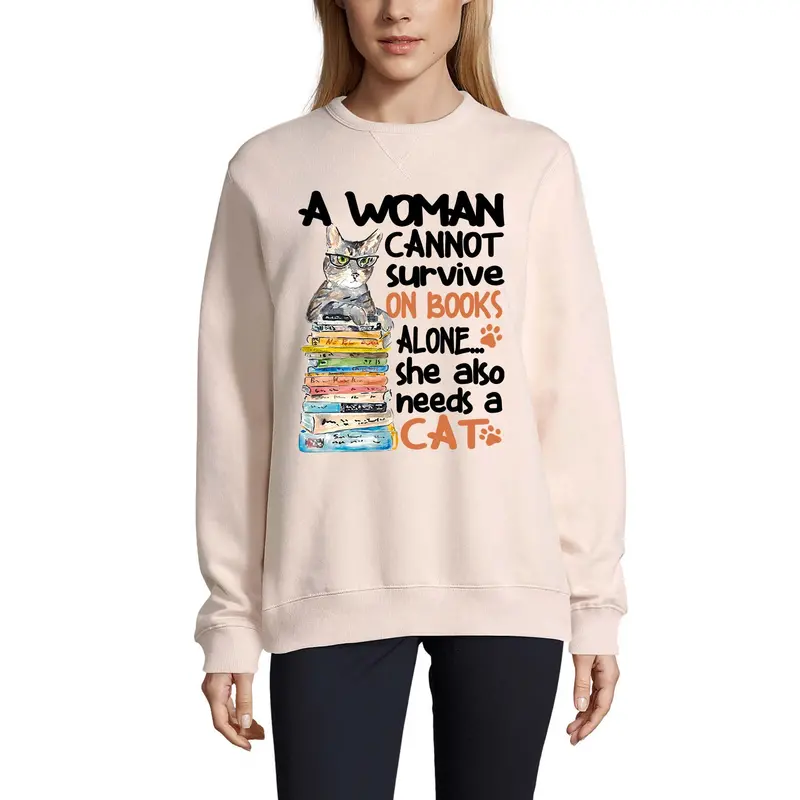 Ultrabasic Women's Sweatshirt She Also Needs Cat - Cute Cat With Books 1