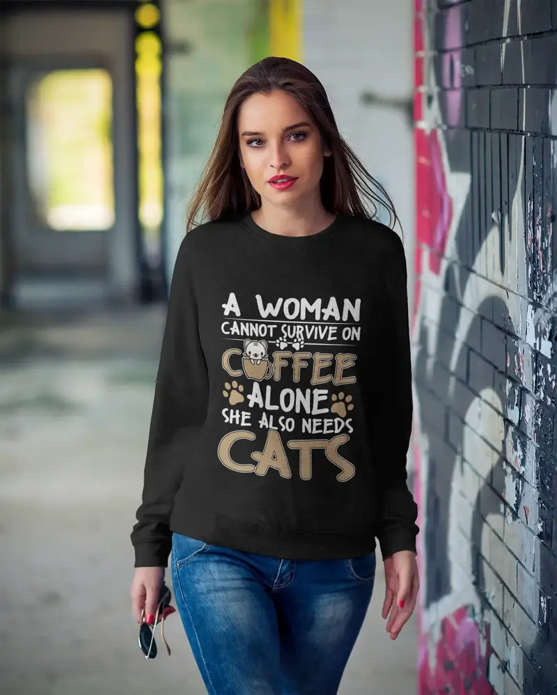 Ultrabasic Women's Sweatshirt She Also Needs Cats - Cute Cat In Cup Of Coffee 1