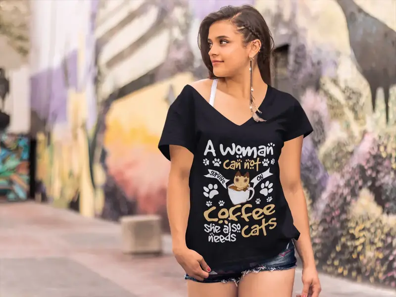 Ultrabasic Women's T-Shirt A Woman Can Not Survive On Coffee Alone She Needs Cats - Funny Kitten Shirt For Cat Lovers 1
