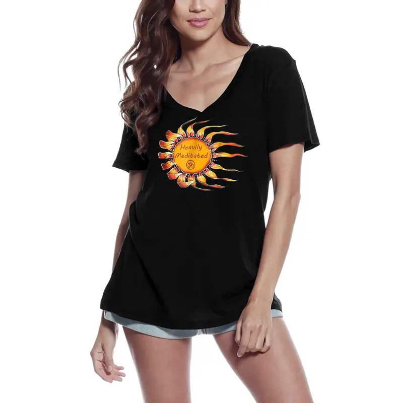 Ultrabasic Women's V-Neck Heavily Meditated - Funny Yoga Peace Tee Shirt 1