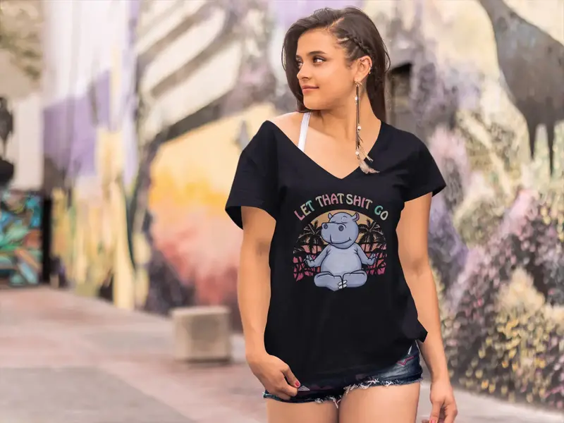 Ultrabasic Women's V-Neck Hippopotamus Let That Shit Go - Funny Yoga Peace Tee Shirt 1