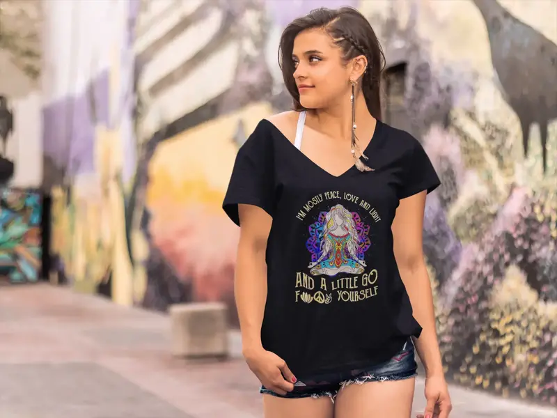 Ultrabasic Women's V-Neck I'm Mostly Peace Love And Light - Funny Yoga Peace Tee Shirt 1