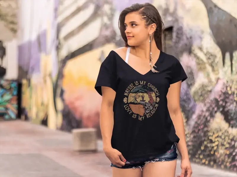Ultrabasic Women's V-Neck Nature Is My Church Love Is My Religion - Funny Yoga Peace Tee Shirt 1