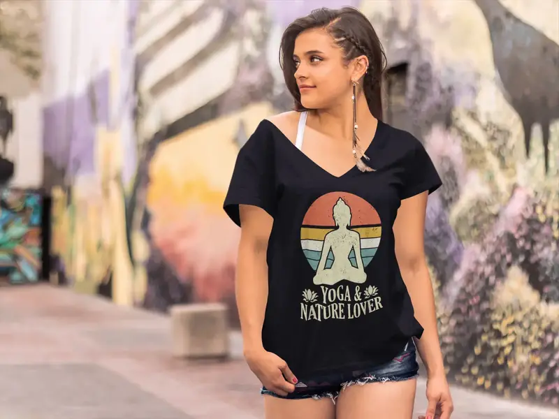 Ultrabasic Women's V-Neck Retro Budha Yoga And Nature Lover - Funny Yoga Peace Tee Shirt 1