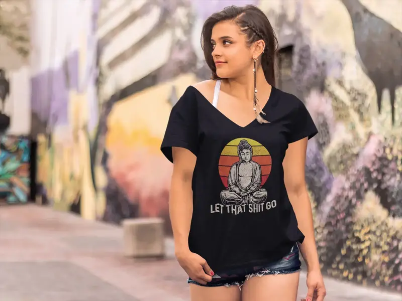Ultrabasic Women's V-Neck Retro T-Shirt Buddha Let That Shit Go - Funny Meditation Yoga Tee Shirt 1