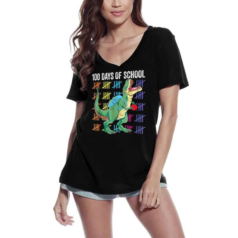 Ultrabasic Women's V-Neck T-Shirt 100Th Day Of School T-Rex - Funny Gift Tee Shirt 1