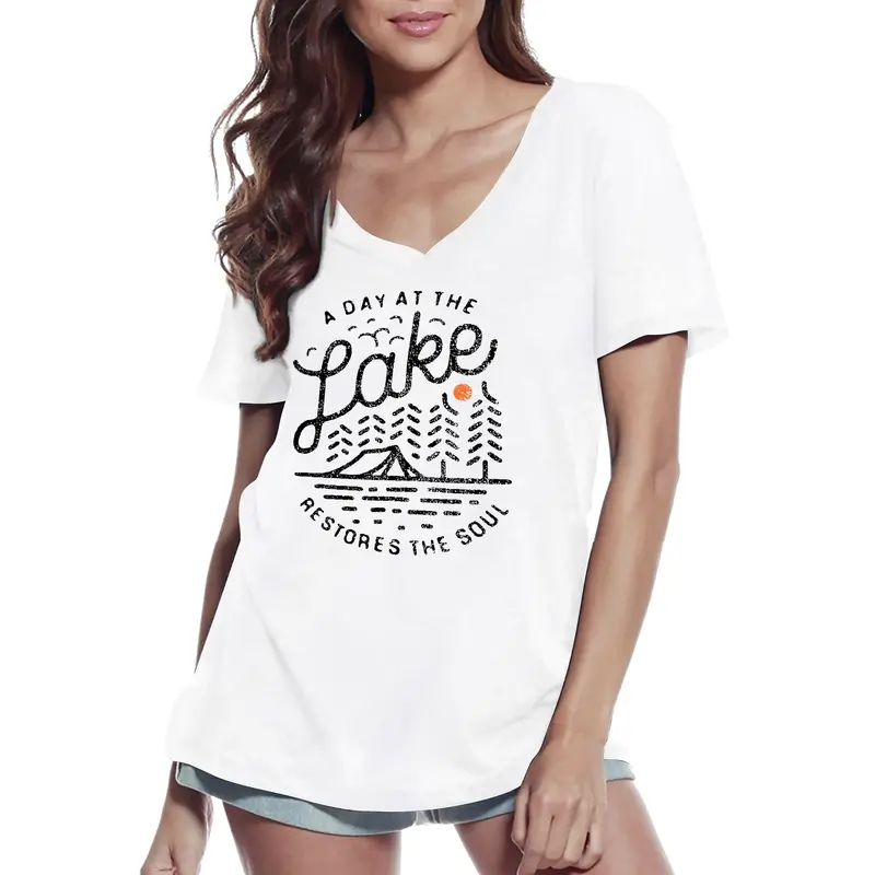 Ultrabasic Women's V-Neck T-Shirt A Day At The Lake - Short Sleeve Tee Shirt 1