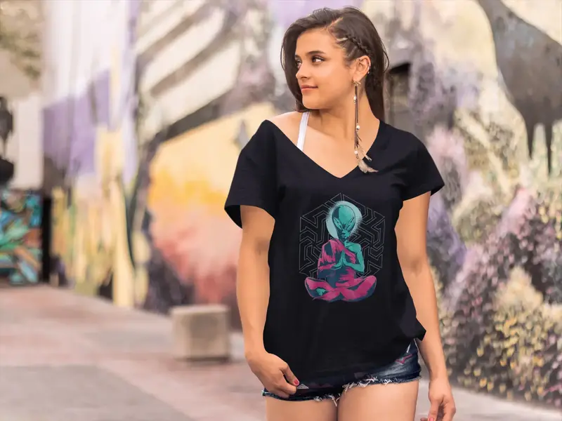 Ultrabasic Women's V-Neck T-Shirt Alien Meditation Yoga Funny Tee Shirt 1