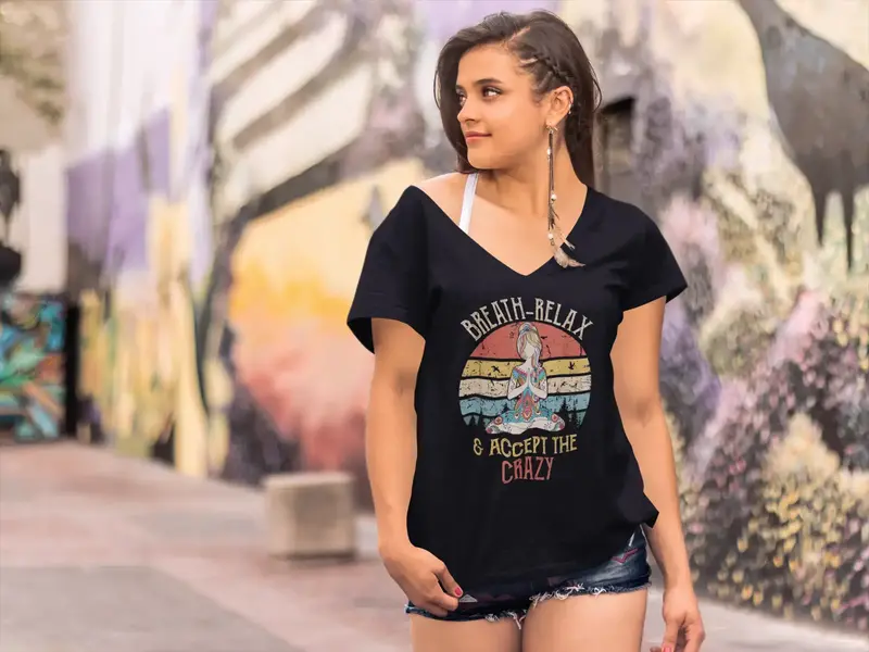 Ultrabasic Women's V-Neck T-Shirt Breath Relax Accept The Crazy - Spiritual Meditation Tee Shirt 1