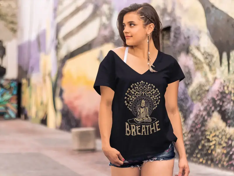 Ultrabasic Women's V-Neck T-Shirt Breathe Buddha Yoga - Spiritual Meditation Tee Shirt 1