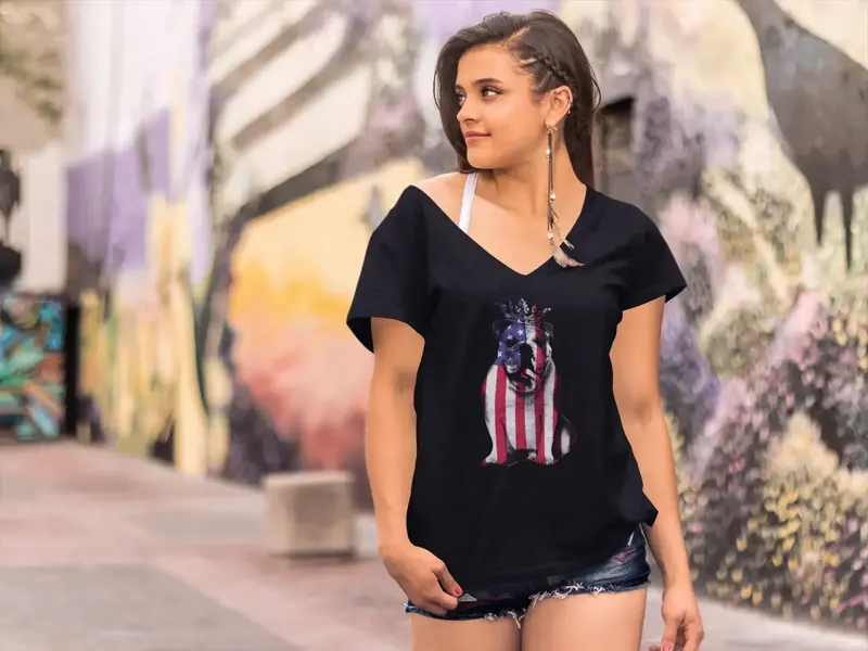 Ultrabasic Women's V-Neck T-Shirt Dog Us Flag - Funny Tee Shirt 1