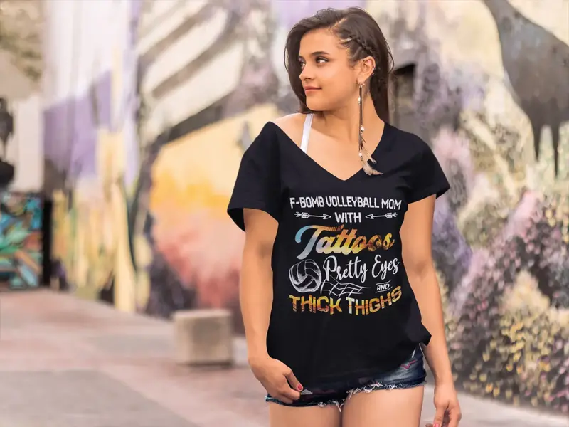 Ultrabasic Women's V-Neck T-Shirt F-Bomb Volleyball Mom With Tattoos - Funny Quote 1