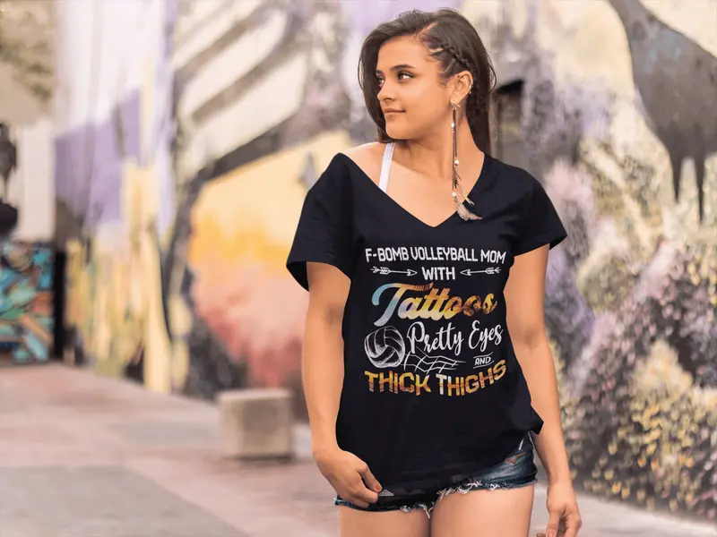 Ultrabasic Women's V-Neck T-Shirt F-Bomb Volleyball Mom With Tattoos - Funny Quote 2