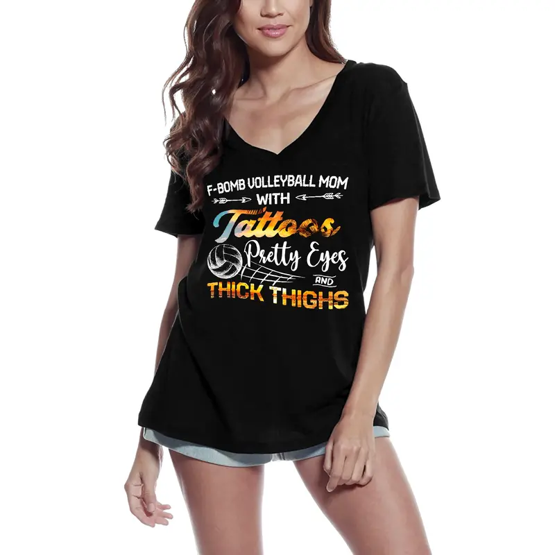 Ultrabasic Women's V-Neck T-Shirt F-Bomb Volleyball Mom With Tattoos - Funny Quote 3
