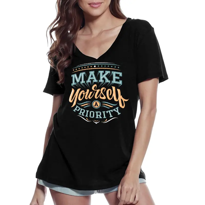 Ultrabasic Women's V-Neck T-Shirt Make Yourself A Priority - Short Sleeve Tee Shirt 1