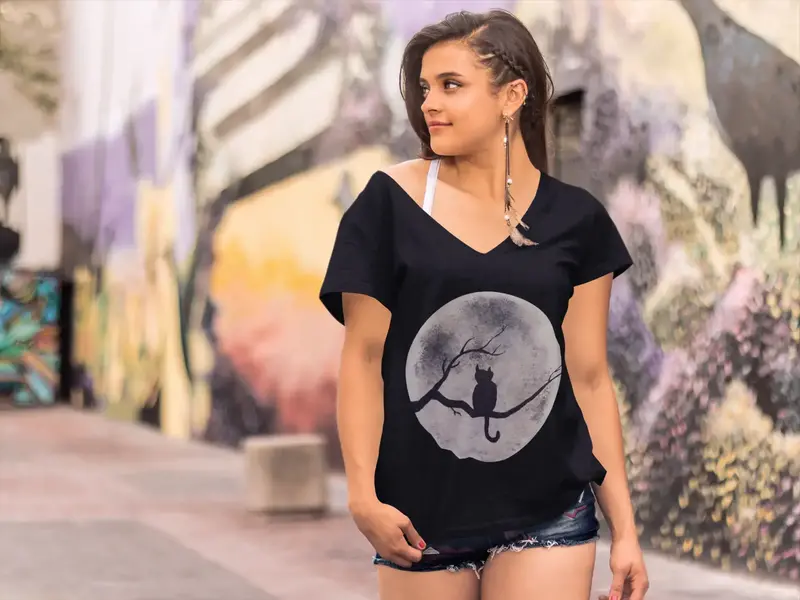 Ultrabasic Women's V Neck T-Shirt Moon Cat - Funny Kitten Shirt For Cat Lovers 1