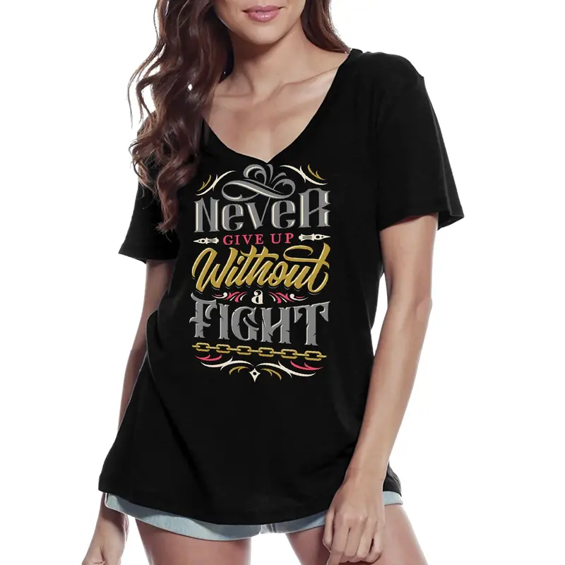 Ultrabasic Women's V-Neck T-Shirt Never Give Up Without A Fight - Short Sleeve Tee Shirt 1