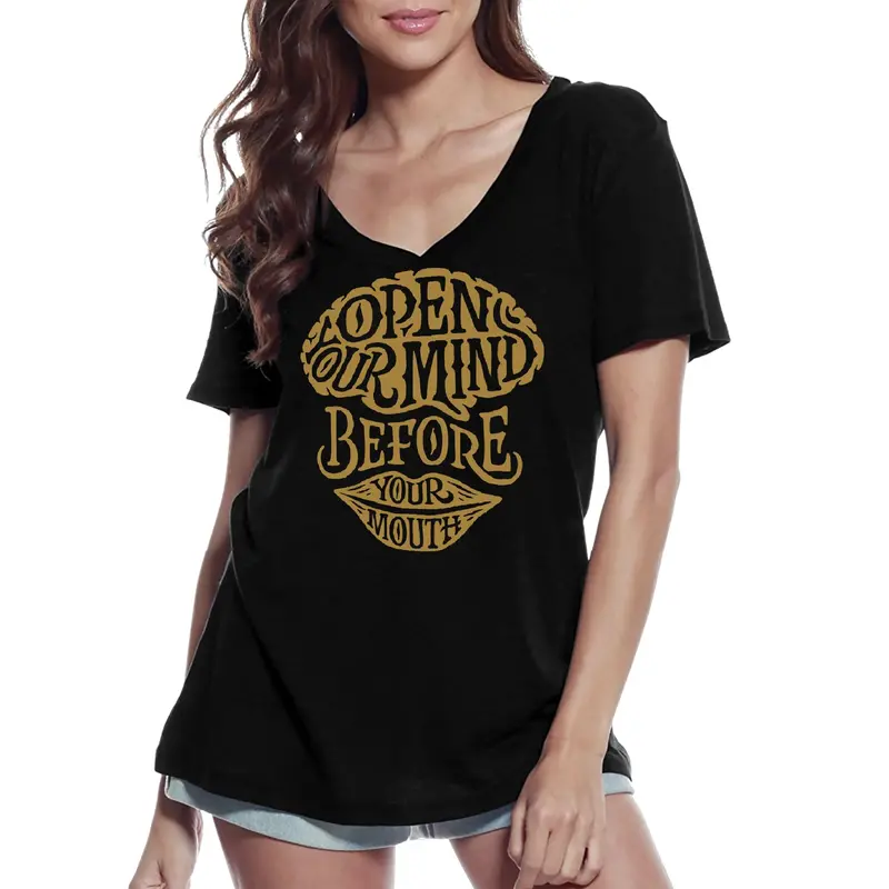 Ultrabasic Women's V-Neck T-Shirt Open Your Mind Before Your Mouth - Short Sleeve Tee Shirt 1