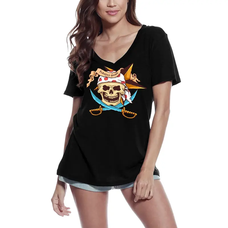 Ultrabasic Women's V Neck T-Shirt Pirates Grave - Pirate Skull With Two Swords 3