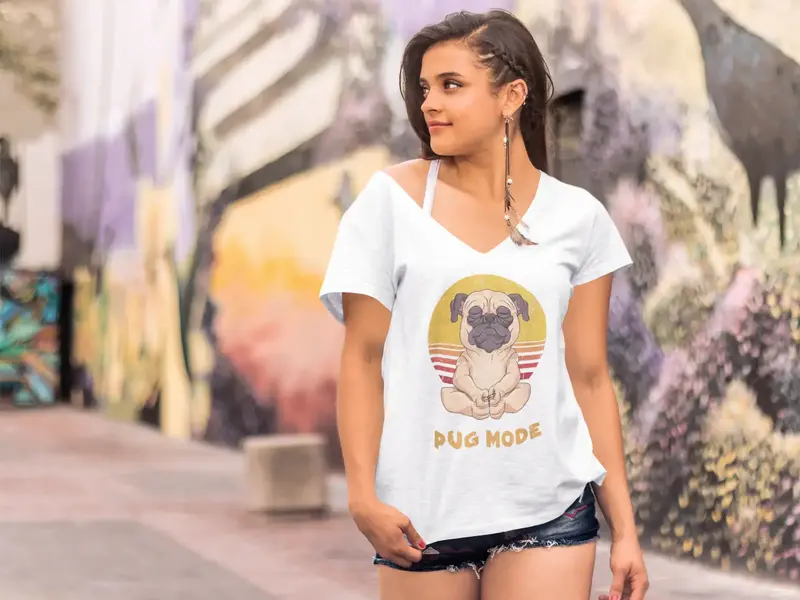 Ultrabasic Women's V-Neck T-Shirt Pug Mode - Funny Yoga Tee Shirt 1