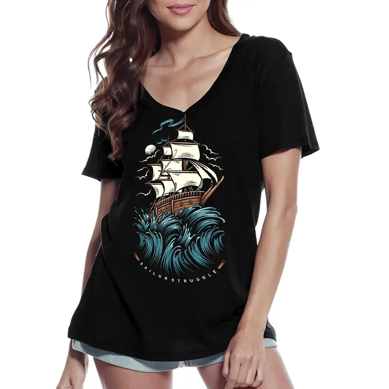Ultrabasic Women's V-Neck T-Shirt Sailors Struggle - Short Sleeve Tee Shirt 1
