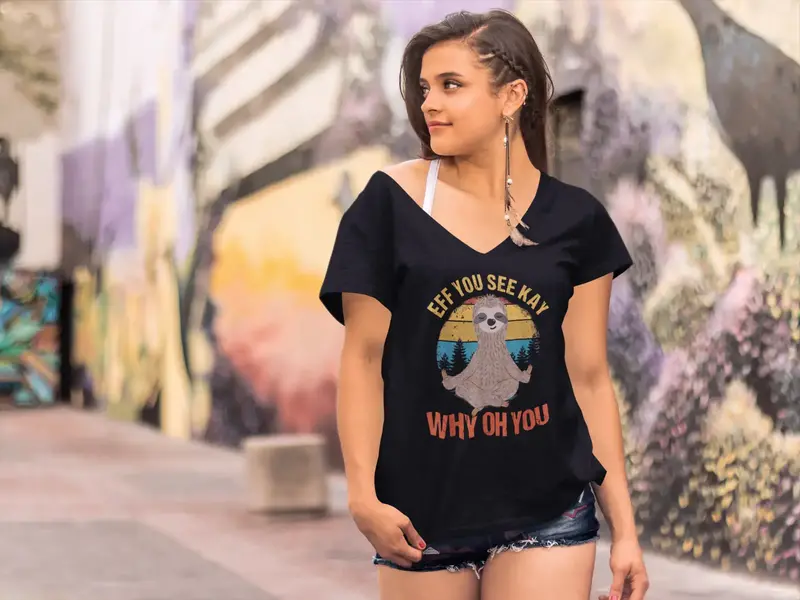 Ultrabasic Women's V-Neck T-Shirt Yoga Retro Sloth - Funny Spiritual Meditation Tee Shirt 1