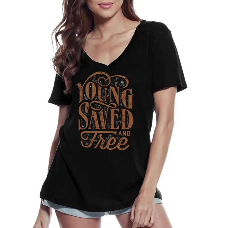 Ultrabasic Women's V-Neck T-Shirt Young Saved And Free - Short Sleeve Tee Shirt 1