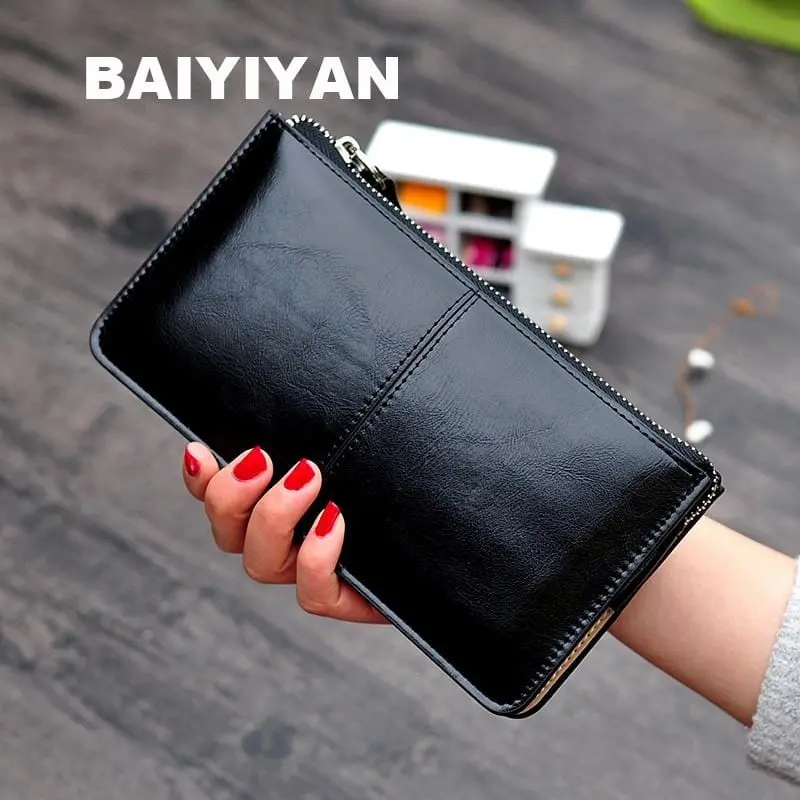 Vintage Women Oil Wax Leather Zipper Clutch Wallet Female Purse Ladies Multi-Function Simple Coin Purse 1