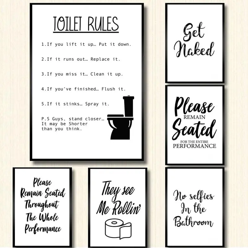 Wall Art Canvas Painting Funny Bathroom Rules Sign Nordic Black White Poster Prints Toilet Humour Pictures Bathroom Home Decor 1