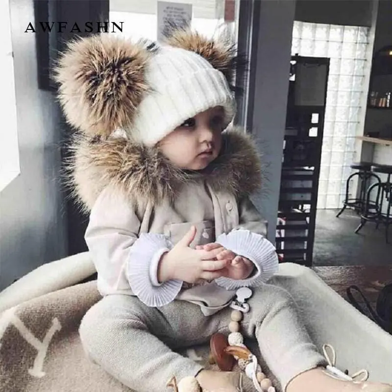 Winter Baby Knit Beanie Hat Crochet Double Natural Raccoon Pompom Hat Girls/Boys Soft Cap Real Fur Child Caps Fashion Kids Warm 1