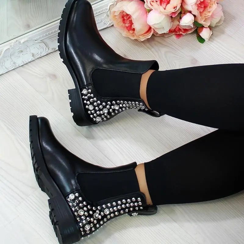 Winter Martin Boots Women Black Leather Motorcycle Cowboy Platform Boots Flock Ankle Boots Slip-On Punk Combat Boots Women Shoes 1