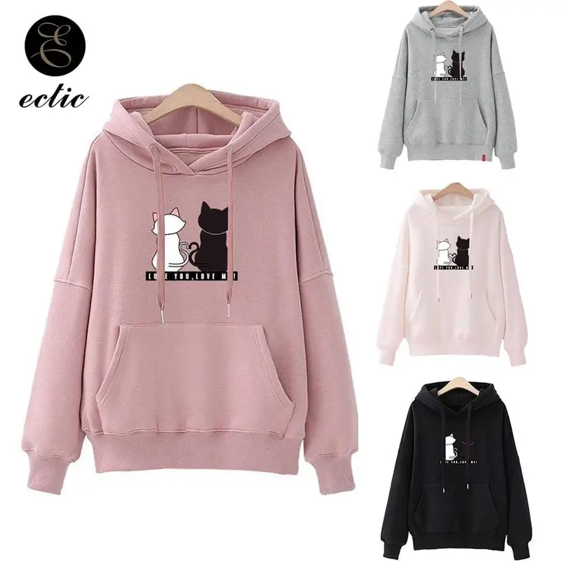 Winter Pullover Sweatshirts Women Cat Kawaii Poleron Mujer 2019 Kangaroo Pocket Hoodie School Korean Streetwear Oversized Hoodie 1
