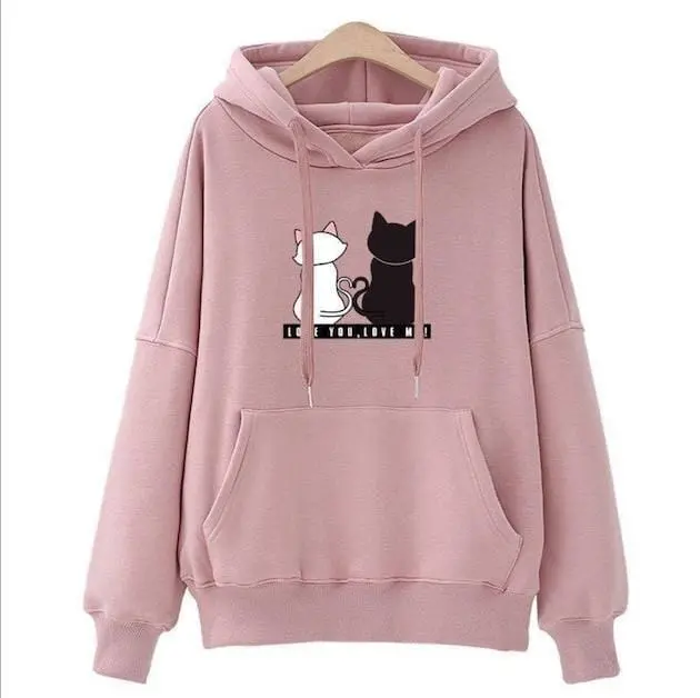Winter Pullover Sweatshirts Women Cat Kawaii Poleron Mujer 2019 Kangaroo Pocket Hoodie School Korean Streetwear Oversized Hoodie 2