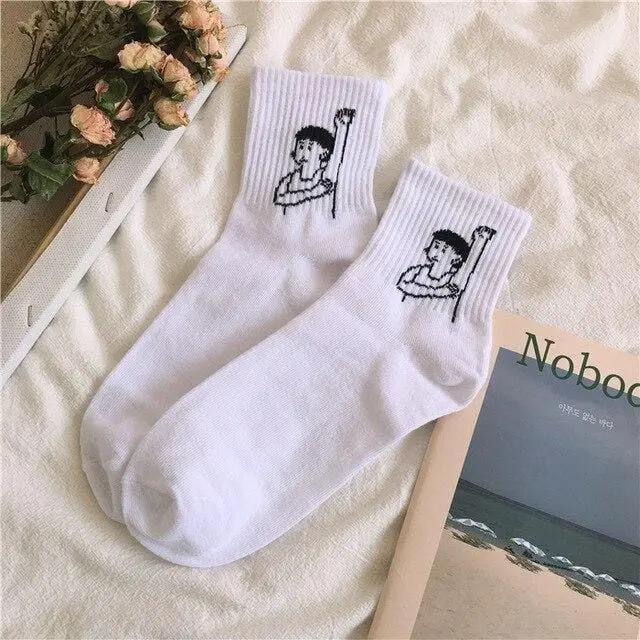 Women Cartoon Character Cotton Socks Art Female Character Patterend Short Cute Socks Hipster Fashion Animal Print Ankle Socks 14