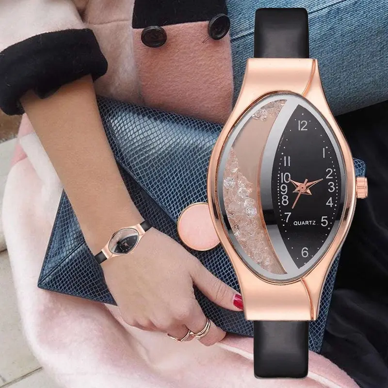 Women Fashion Luxury Watch Leather Strap Women Bracelet Clock Ellipse Rhinestone Pu Sport Quartz Watch Wrist Watches For Women 1