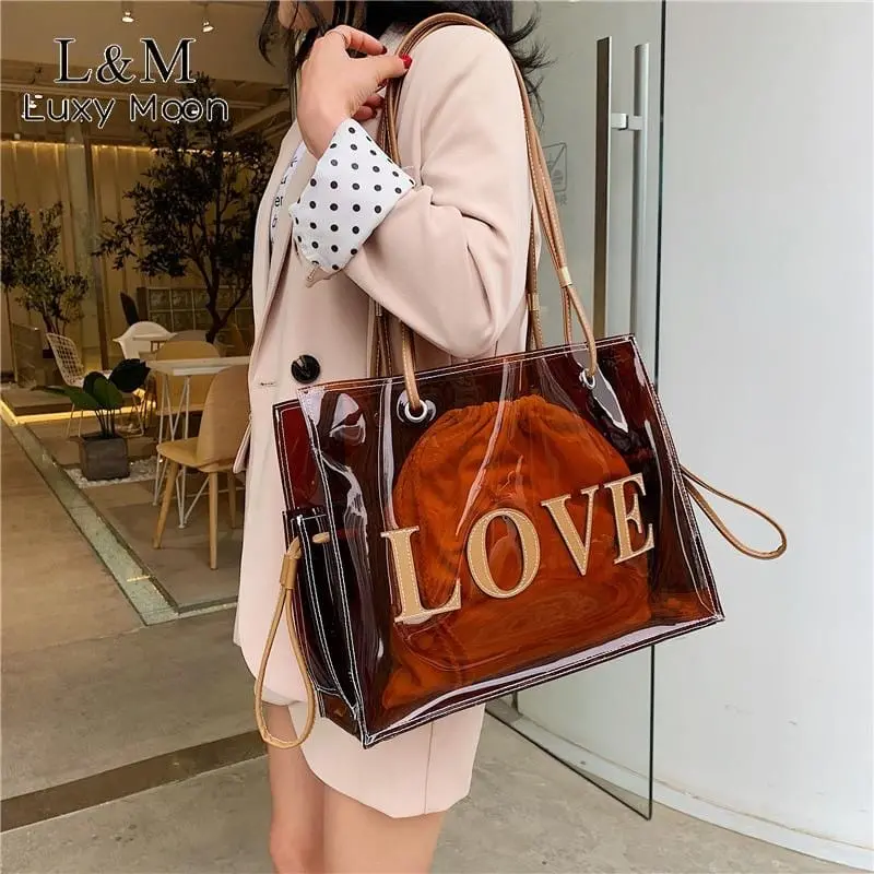 Women Fashion Transparent Pvc Handbag Female Clear Brown Shoulder Bag Love Letter Printing Tote Bags Summer Beach Handbags Xa813 1