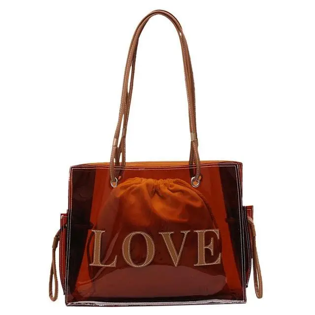 Women Fashion Transparent Pvc Handbag Female Clear Brown Shoulder Bag Love Letter Printing Tote Bags Summer Beach Handbags Xa813 2