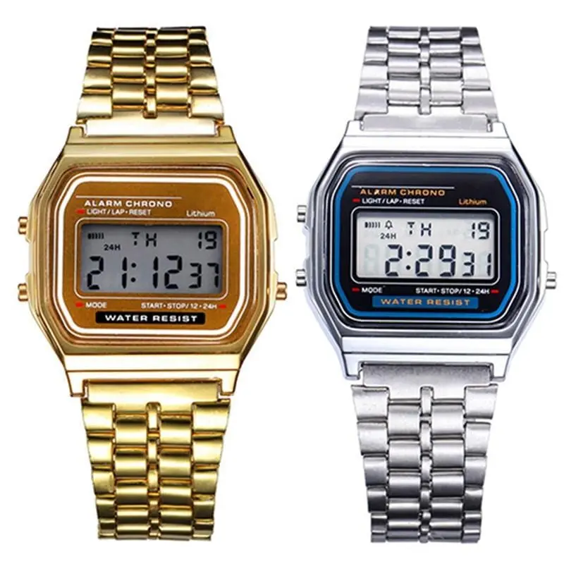 Women Men Unisex Watch Gold Silver Vintage Stainless Steel Led Sports Military Wristwatches Electronic Digital Watches Present 1