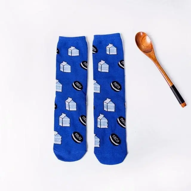Women Socks Funny Cute Cartoon Fruits Banana Avocado Lemon Egg Cookie Donuts Food Happy Japanese Harajuku Skateboard Socks 2
